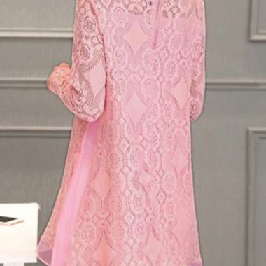 Long Sleeve Chiffon Panel Shift Lace Dress - Pink
