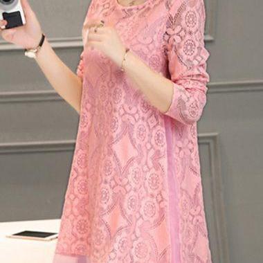 Long Sleeve Chiffon Panel Shift Lace Dress - Pink