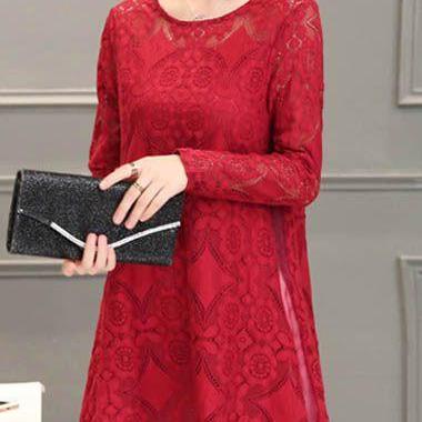 Long Sleeve Chiffon Panel Shift Lace Dress - Red