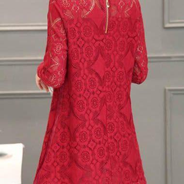 Long Sleeve Chiffon Panel Shift Lace Dress - Red
