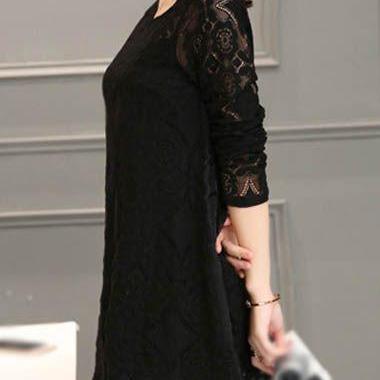 Long Sleeve Chiffon Panel Shift Lace Dress - Black