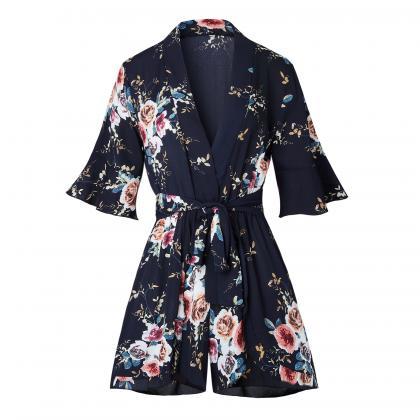 Woman V-neck Fashion Summer Floral Print Rompers..