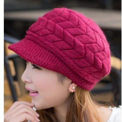 Shipping Cute Winter Hat Knit Cap For Women - Wine..