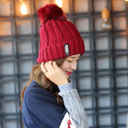 Super Cute Hat Knit Cap For Winter - Wine Red