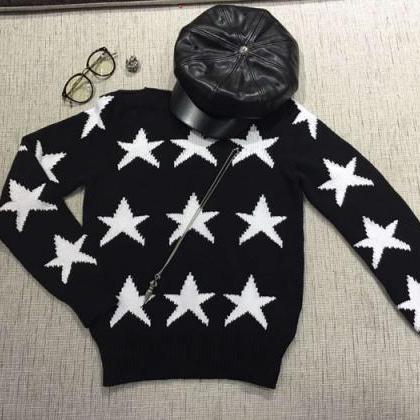White Star Print Black Knitted Crew Neck Long..