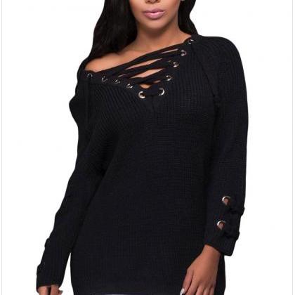 Black Knit Lace-up Plunge V Long Cuffed Sleeves..