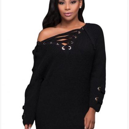 Black Knit Lace-up Plunge V Long Cuffed Sleeves..