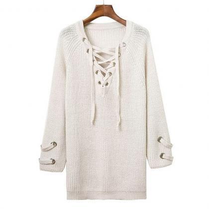 White Knit Lace-up Plunge V Long Sleeves Sweater