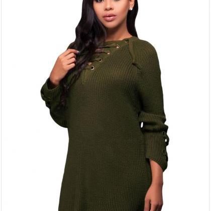 Army Green Knit Lace-up Plunge V Long Sleeves..