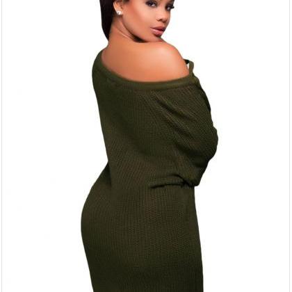 Army Green Knit Lace-up Plunge V Long Sleeves..