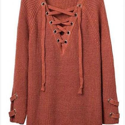 Knit Lace-up Plunge V Long Sleeves Sweater
