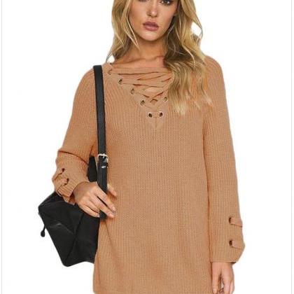 Knit Lace-up Plunge V Long Sleeves Sweater In..