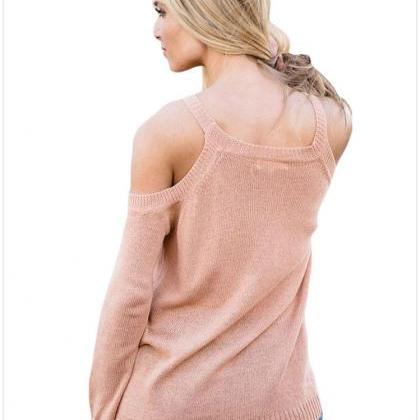 Pink Knit Lace-up Plunge V Cold Shoulder Long..