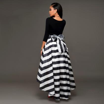 Fashion Black Top And High Low Striped Skirt