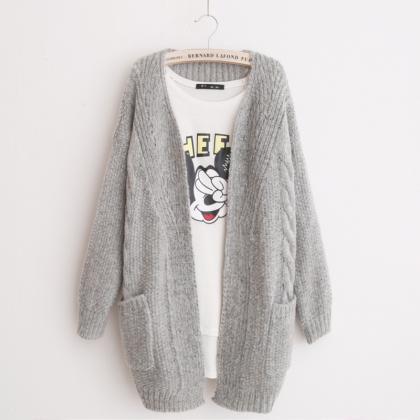 Grey Oversized Knitted Open Front Cardigan Sweater..