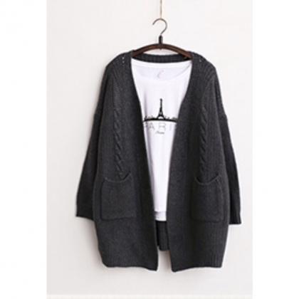 V-neck Knit Cable Pockets Pure Color Long Cardigan..