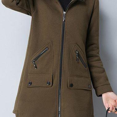 Casual Zipper Up Hooded Collar Pocket Coat - Army..