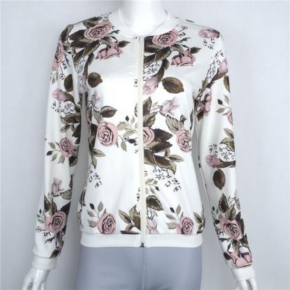 Fashion White Floral Bomber Jacket For Women