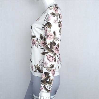 Fashion White Floral Bomber Jacket For Women