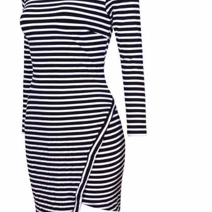 Fashion Stripe Print Long Sleeve Round Neck Dress..