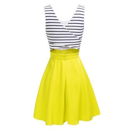 Fashion Sleeveless Stripe Print Dress - Yellow