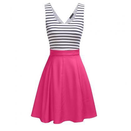 Fashion Sleeveless Stripe Print Dress - Rose