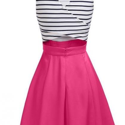 Fashion Sleeveless Stripe Print Dress - Rose