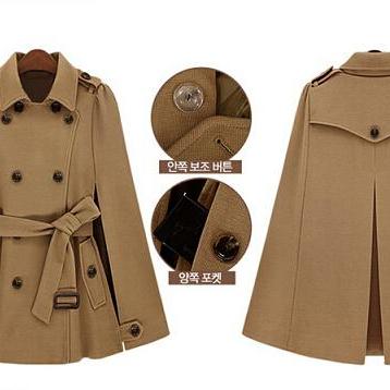 High Quality Double Breasted Woolen Cape Coat (2..
