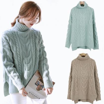 Cable Knit Turtleneck Long Cuffed Sleeves Sweater..