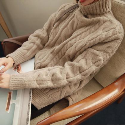 Cable Knit Turtleneck Long Cuffed Sleeves Sweater..