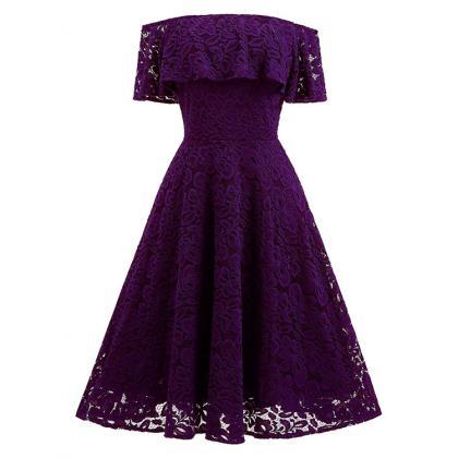 Purple Lace Off-the-shoulder Short Skater Dress