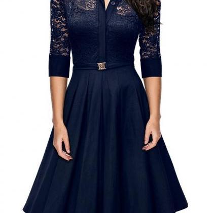 Elegant Lace Career Work Dress Shirt Dress - Navy..