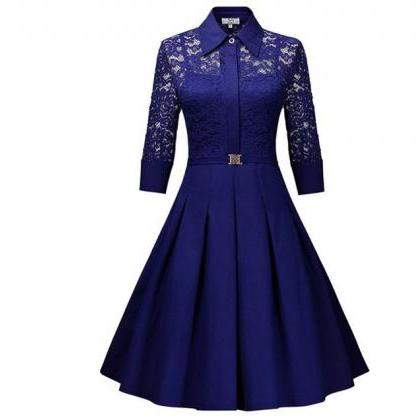 Elegant Lace Career Work Dress Shirt Dress - Blue