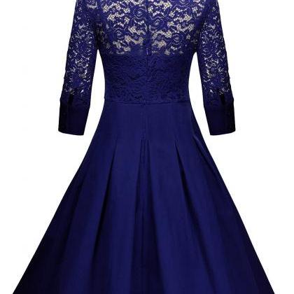 Elegant Lace Career Work Dress Shirt Dress - Blue