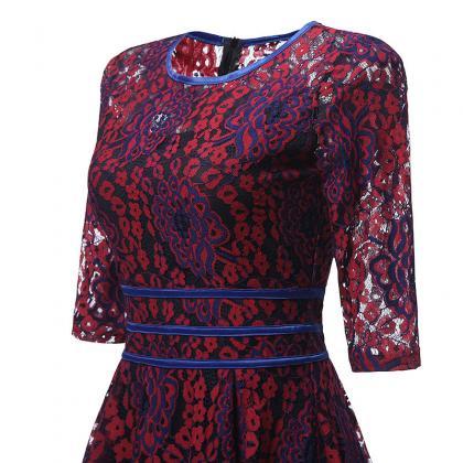 Good Quality Elegant Splice Lace Dress - Wine Red