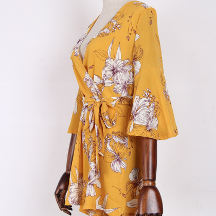 Yellow Floral Print Rompers With Belt