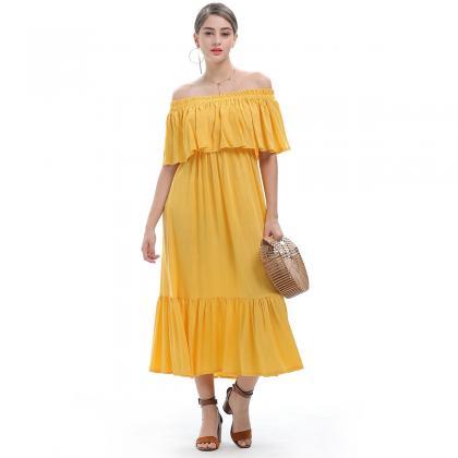 Yellow Off Shoulder Chiffon Ruffle Maxi Dress
