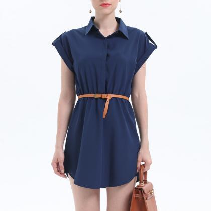 Fashion Turn Down Collar Short Sleeve Dress - Navy..
