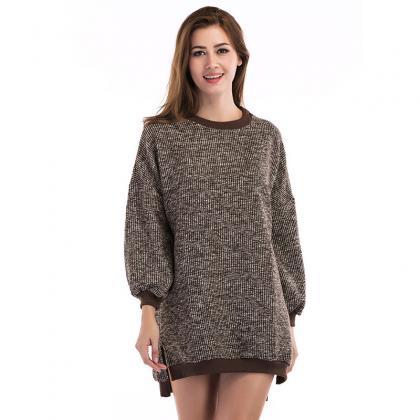 Women Loose Round Neck Long Sleeve Sweater - Khaki