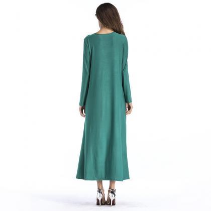 Fashion Solid Color Long Sleeve Maxi Dress - Green
