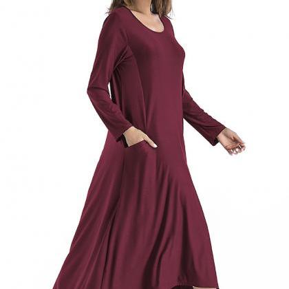 Fashion Solid Color Long Sleeve Maxi Dress - Wine..