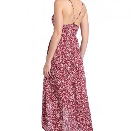 Sleeveless Deep V Neck Floral Printed Maxi Dress -..