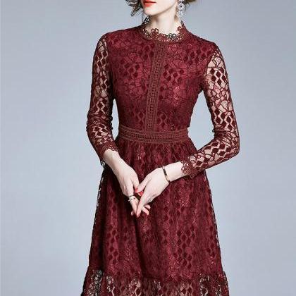 Elegant Hollow Lace Dress - Wine Red