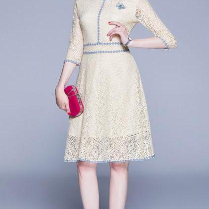 Elegant Lace A Line Dress - Beige