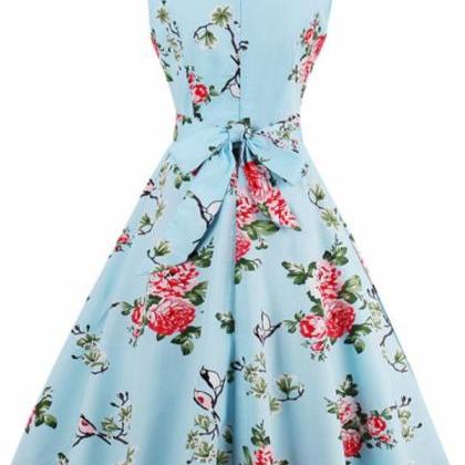 Blue Sleeveless Floral Printed A-line Midi Dress