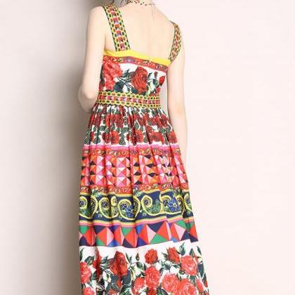  Fashion Strap Printing Drape Dress