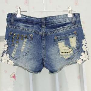 Light Blue Jeans Shorts With Lace Flowers And..