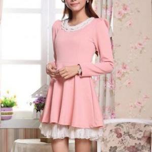 Adorable Puff Sleeve Lace Patchwork A Line Dress -..