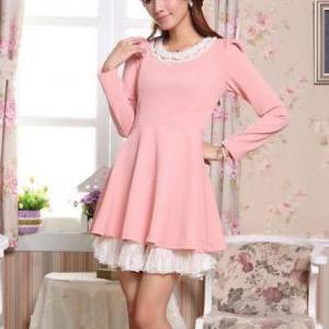 Adorable Puff Sleeve Lace Patchwork A Line Dress -..