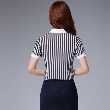Women Stripe Patchwork Design Short Sleeve Shirt